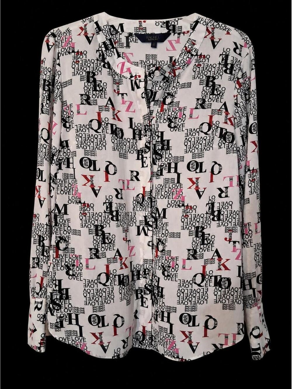 Rachel Roy Women's Love Print Semi-Sheer Button Down Blouse Graphic Chic Top, 8